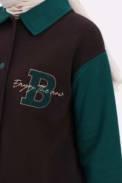 Acı Kahve-İki Renkli Nakışlı Düğmeli Rahat Hırka - 5