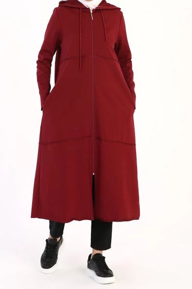 Bordo-Kapüşonlu Fermuarlı Hırka - 2