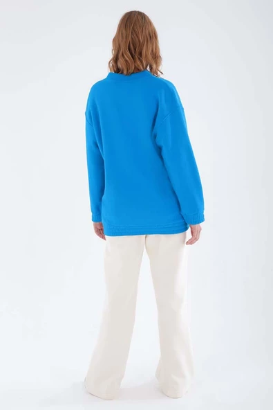 Mavi-Çıtçıtlı Fermuarlı Şardonlu Hırka - 4