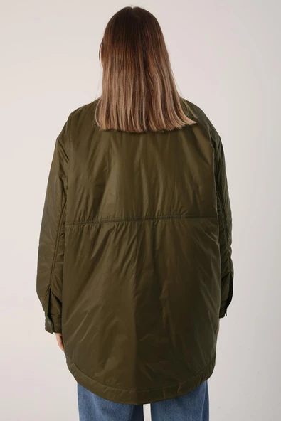 Haki-Oversize Çıtçıtlı Gömlek Yaka Mont - 3