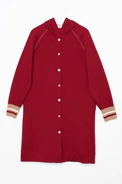 Bordo-Çizgili Ribanalı Ve Renkli Çıtçıtlı Kapüşonlu Likralı Hırka - 7