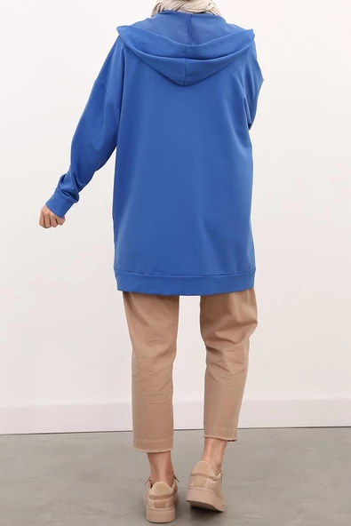 Çini Mavi-Fermuarlı Sweat Hırka - 4