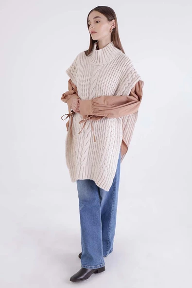 Ekru-Saç Örgülü Balıkçı Yaka Süveter - Resim 4