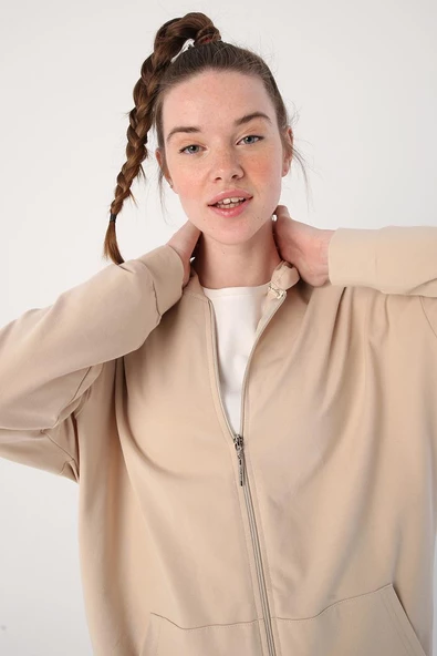 Bej01-Fermuarlı Sweat Hırka - 6