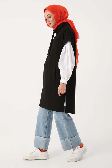 Siyah-Kanguru Cepli Likralı Süveter - Resim 3