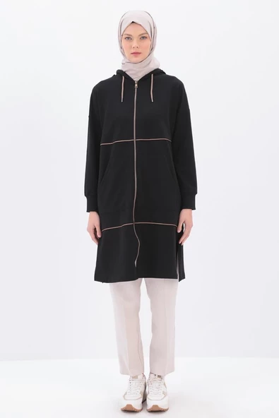Siyah-Saten Ara Biyeli Sweat Hırka - 2