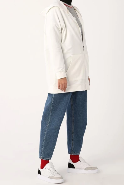Ekru-Fermuarlı Sweat Hırka - 3