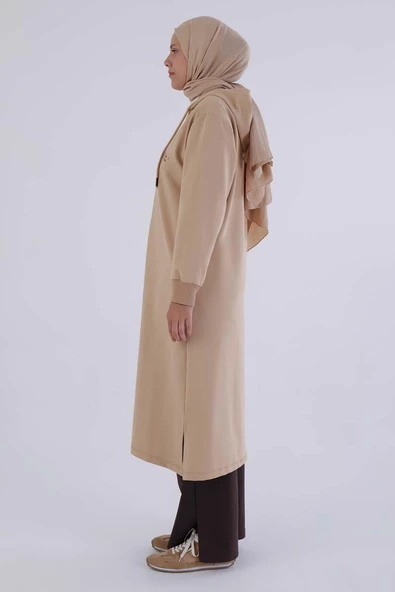 Bej-Decigive Nakışlı Likralı Uzun Hırka - 3