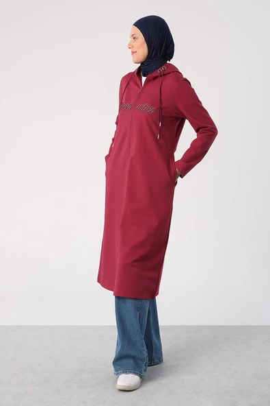 Koyu Bordo-Aplike Nakışlı Çift Kordonlu Kapüşonlu Hırka - 3