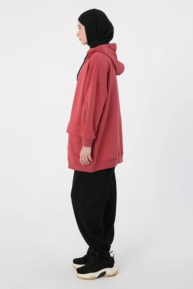 Gül-Cepli Kapüşonlu Oversize Sweat Hırka - 3