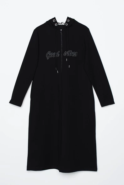 Siyah-Aplike Nakışlı Çift Kordonlu Kapüşonlu Hırka - 6