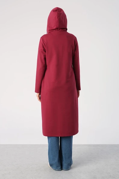 Koyu Bordo-Aplike Nakışlı Çift Kordonlu Kapüşonlu Hırka - 4