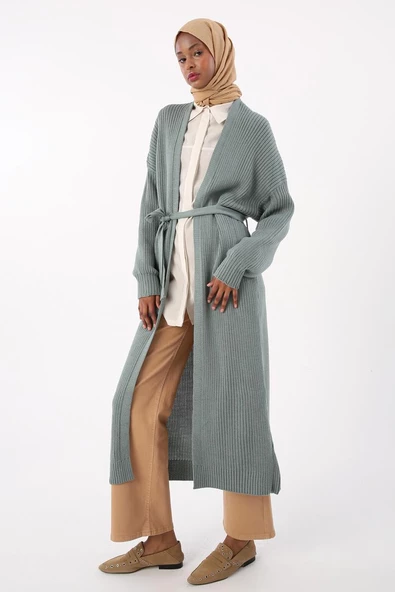 Çağla Yeşili-Fitilli Kuşaklı Uzun Triko Hırka