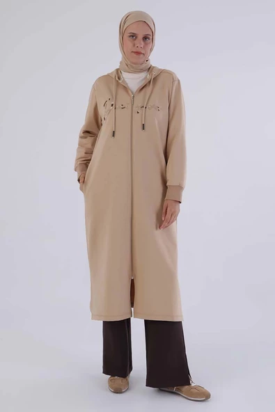 Bej-Decigive Nakışlı Likralı Uzun Hırka