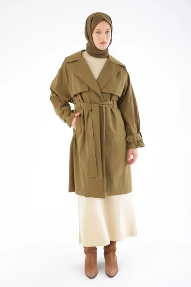 Haki-Kemerli Çıtçıtlı Trençkot - Resim 2