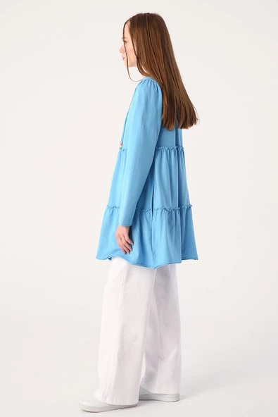 Mavi-Fırfırlı Neon Detaylı Kapüşonlu Likralı Hırka - Resim 3