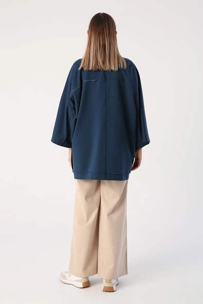 Koyu İndigo-Yarasa Kollu Likralı Oversize Kimono - 4