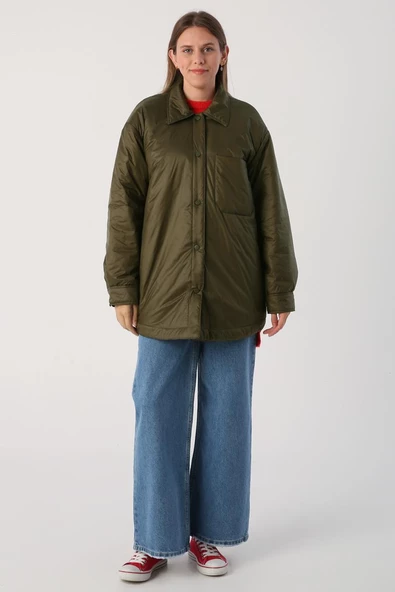 Haki-Oversize Çıtçıtlı Gömlek Yaka Mont - 4
