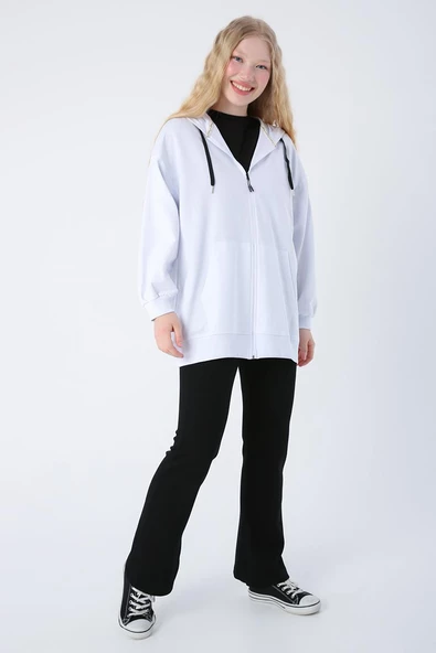 Beyaz-Oversize Kapüşonlu Sweat Hırka