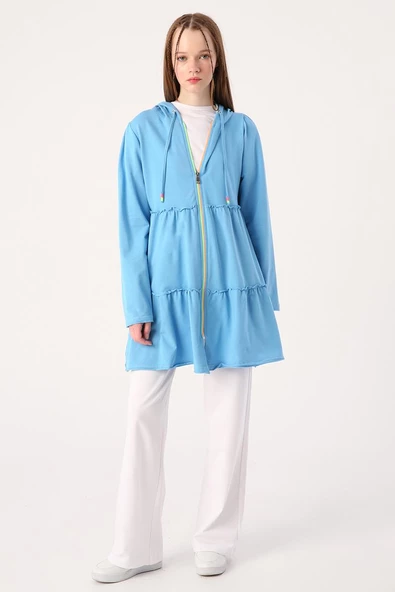 Mavi-Fırfırlı Neon Detaylı Kapüşonlu Likralı Hırka - Resim 2