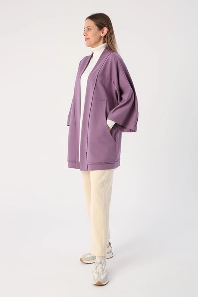 Koyu Lila-Yarasa Kollu Likralı Oversize Kimono - 3