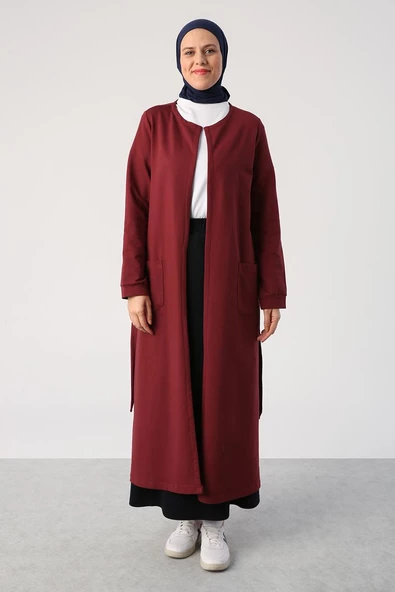 Bordo-Kuşaklı Cepli Bisiklet Yaka Likralı Uzun Hırka - 2