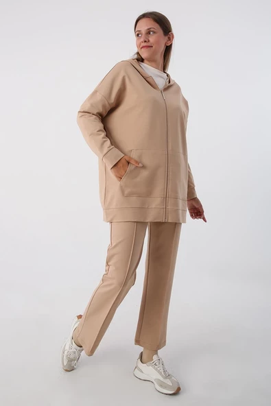 Bej-Fermuarlı Sweat Hırka - 3