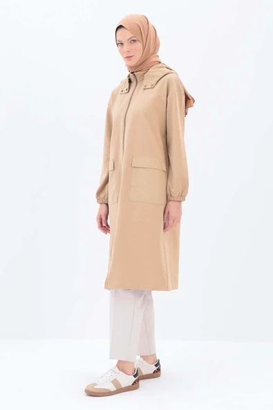 Bej-Kapüşonlu Fermuarlı Hırka - Resim 3