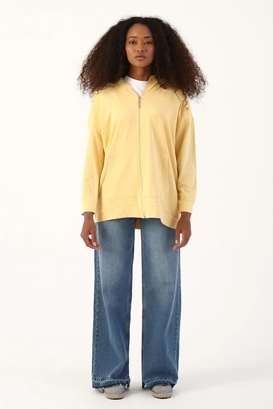 Açık Sarı-Fermuarlı Sweat Hırka - 2