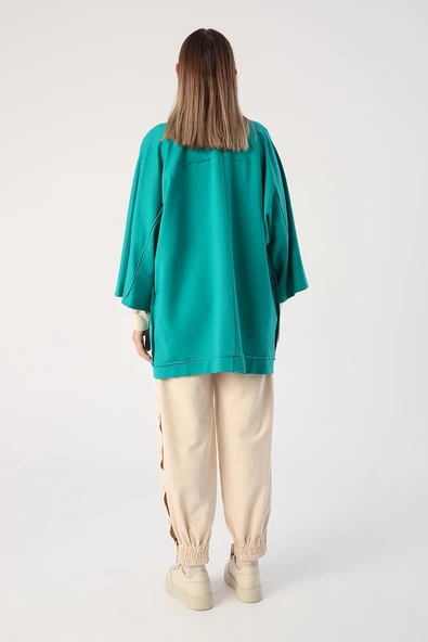 Zümrüt-Yarasa Kollu Likralı Oversize Kimono - 4