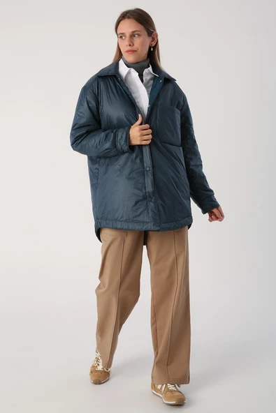 Petrol-Oversize Çıtçıtlı Gömlek Yaka Mont - 4