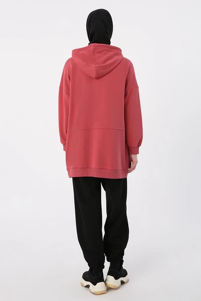 Gül-Cepli Kapüşonlu Oversize Sweat Hırka - 4