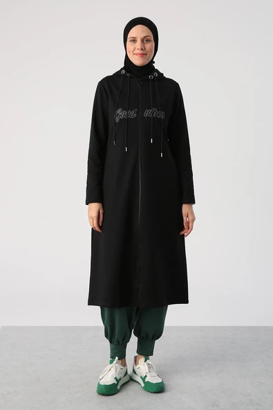 Siyah-Aplike Nakışlı Çift Kordonlu Kapüşonlu Hırka - 2