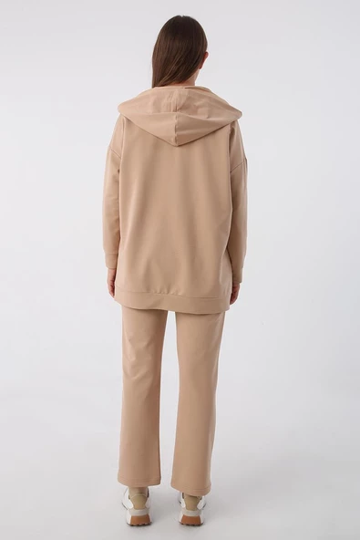 Bej-Fermuarlı Sweat Hırka - 4