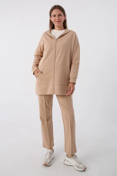 Bej-Fermuarlı Sweat Hırka - 2