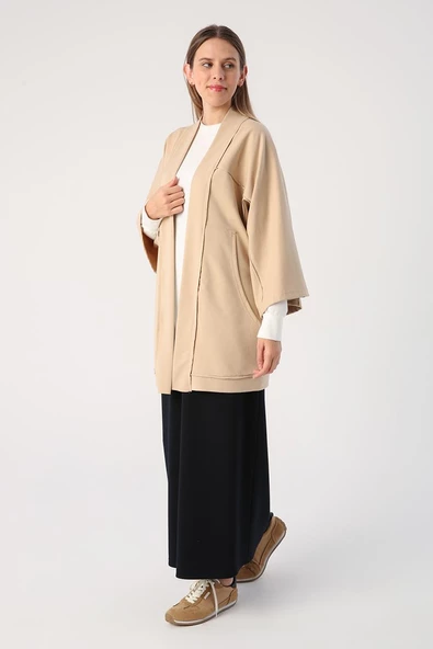 Bej-Yarasa Kollu Likralı Oversize Kimono - 3