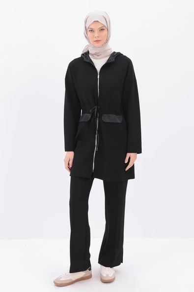 Siyah-Saten Garnili Kapüşonlu Hırka - 2