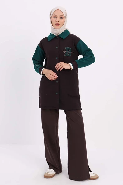 Acı Kahve-İki Renkli Nakışlı Düğmeli Rahat Hırka - 2