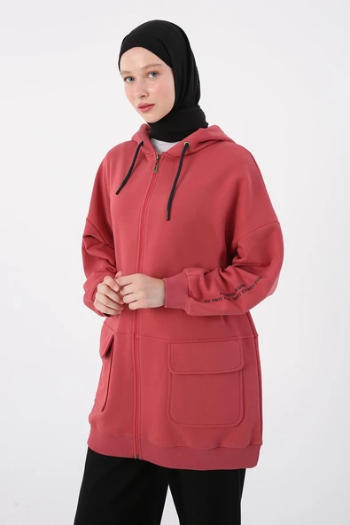 Gül-Cepli Kapüşonlu Oversize Sweat Hırka - 5
