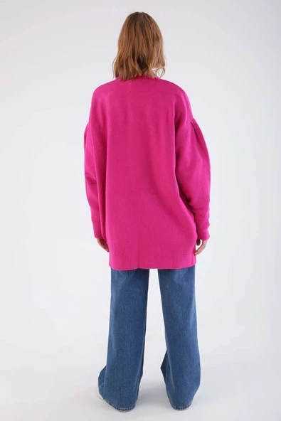 Fuşya-V Yaka Kalpli Düğmeli Triko Hırka - 4