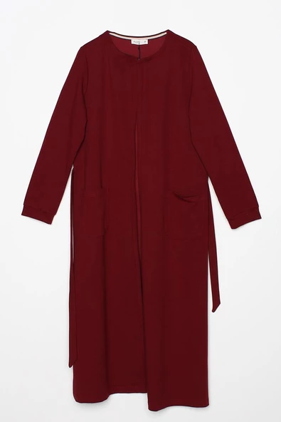 Bordo-Kuşaklı Cepli Bisiklet Yaka Likralı Uzun Hırka - 6