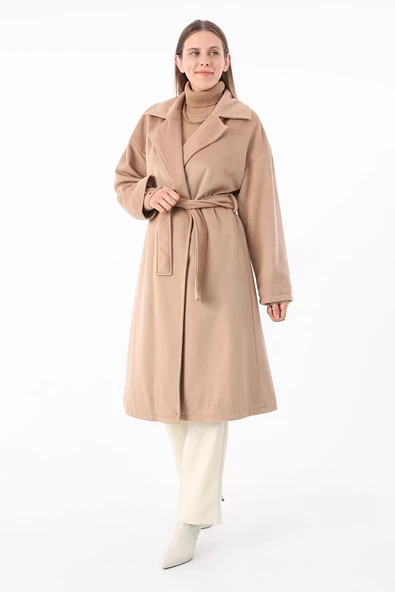 Koyu Bej-Kruvaze Yaka Kuşaklı Kaşe Kaban - 3