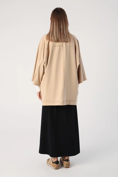 Bej-Yarasa Kollu Likralı Oversize Kimono - 4