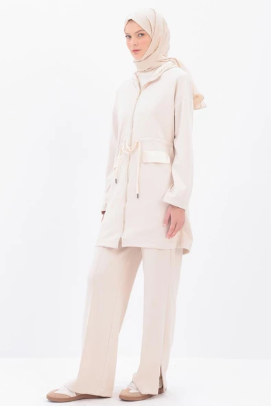 Açık Bej-Saten Garnili Kapüşonlu Hırka - Resim 4