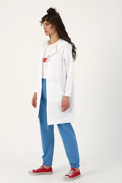 Beyaz-Fermuarlı Sweat Hırka - 3