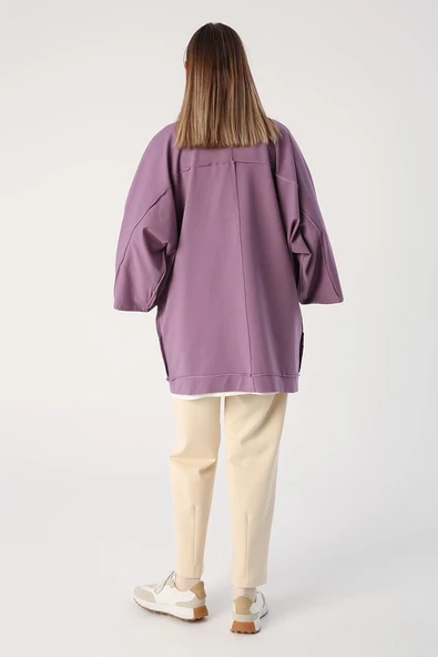 Koyu Lila-Yarasa Kollu Likralı Oversize Kimono - 4