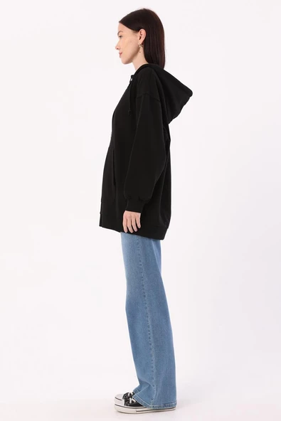 Siyah-Kanguru Cepli Oversize Sweat Hırka - 3