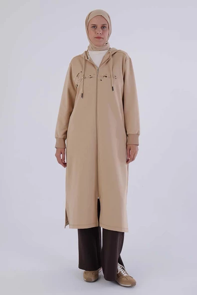 Bej-Decigive Nakışlı Likralı Uzun Hırka - 2