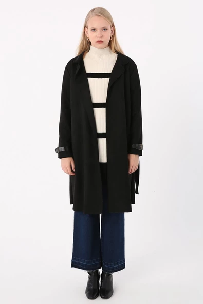 Siyah-Kuşaklı Kolları Detaylı Süet Trençkot - Resim 2