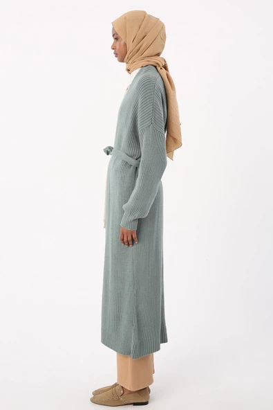 Çağla Yeşili-Fitilli Kuşaklı Uzun Triko Hırka - 3